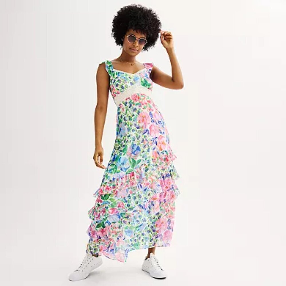 Juniors' SO® Ruffle Maxi Lace Detail Dress Sz L